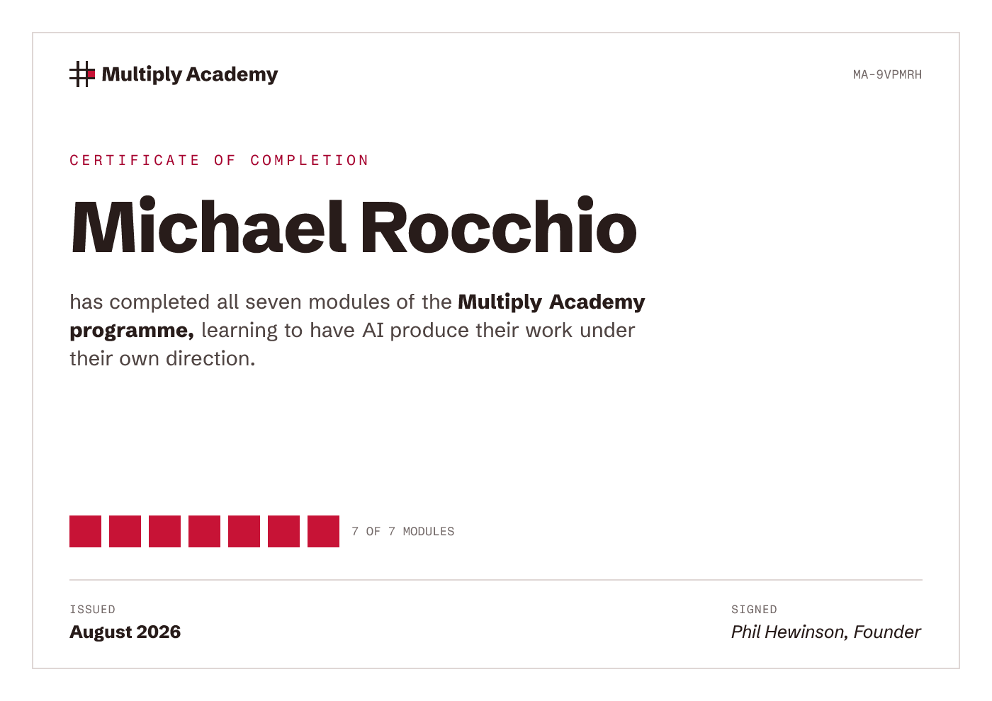 Certificate of completion for Michael Rocchio