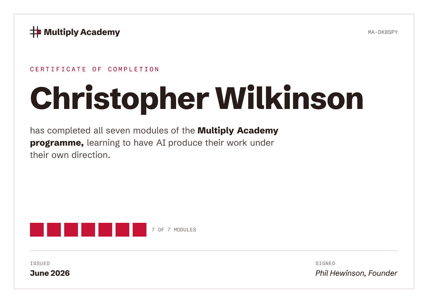 Certificate of completion for Christopher Wilkinson