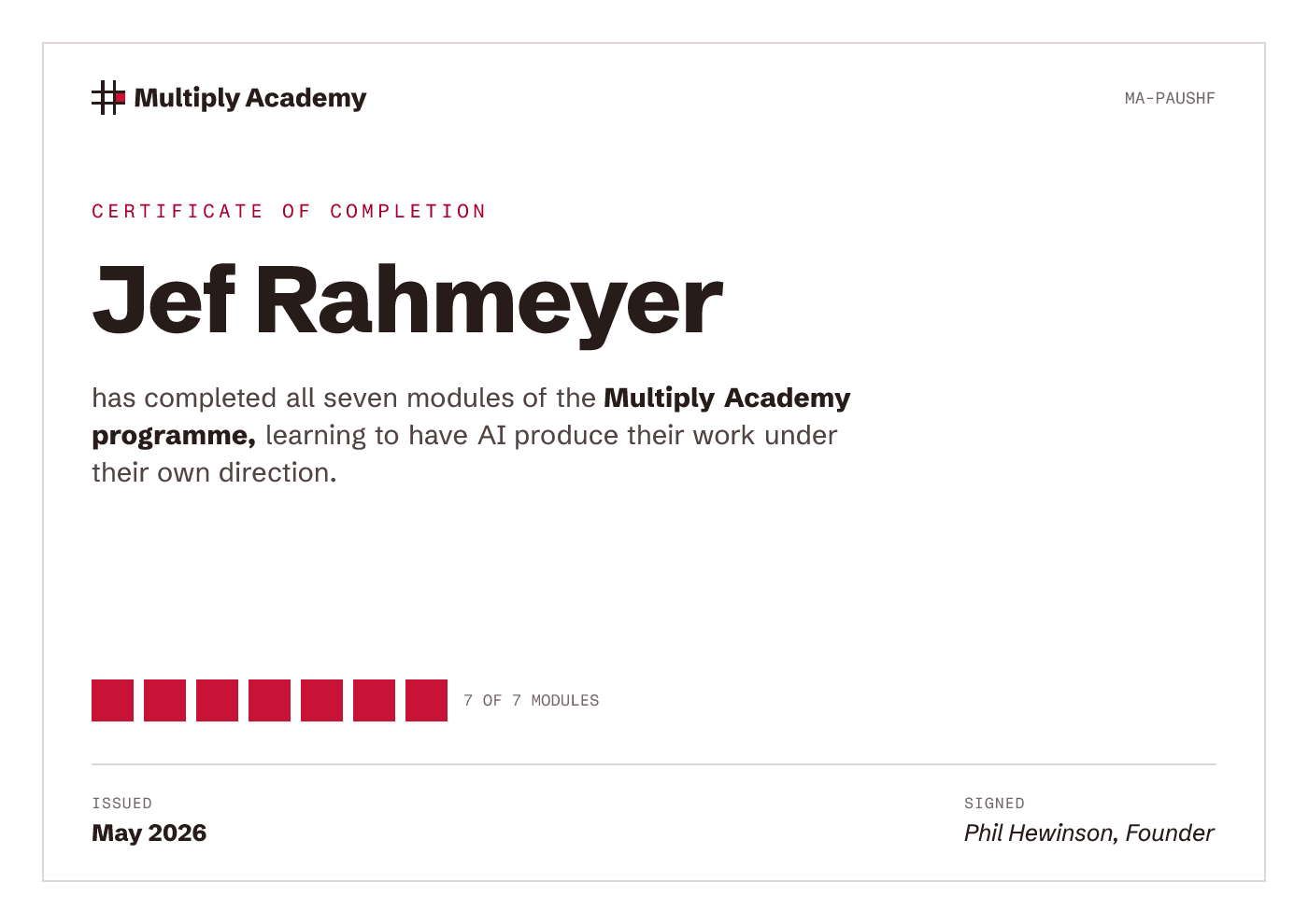 Certificate of completion for Jef Rahmeyer
