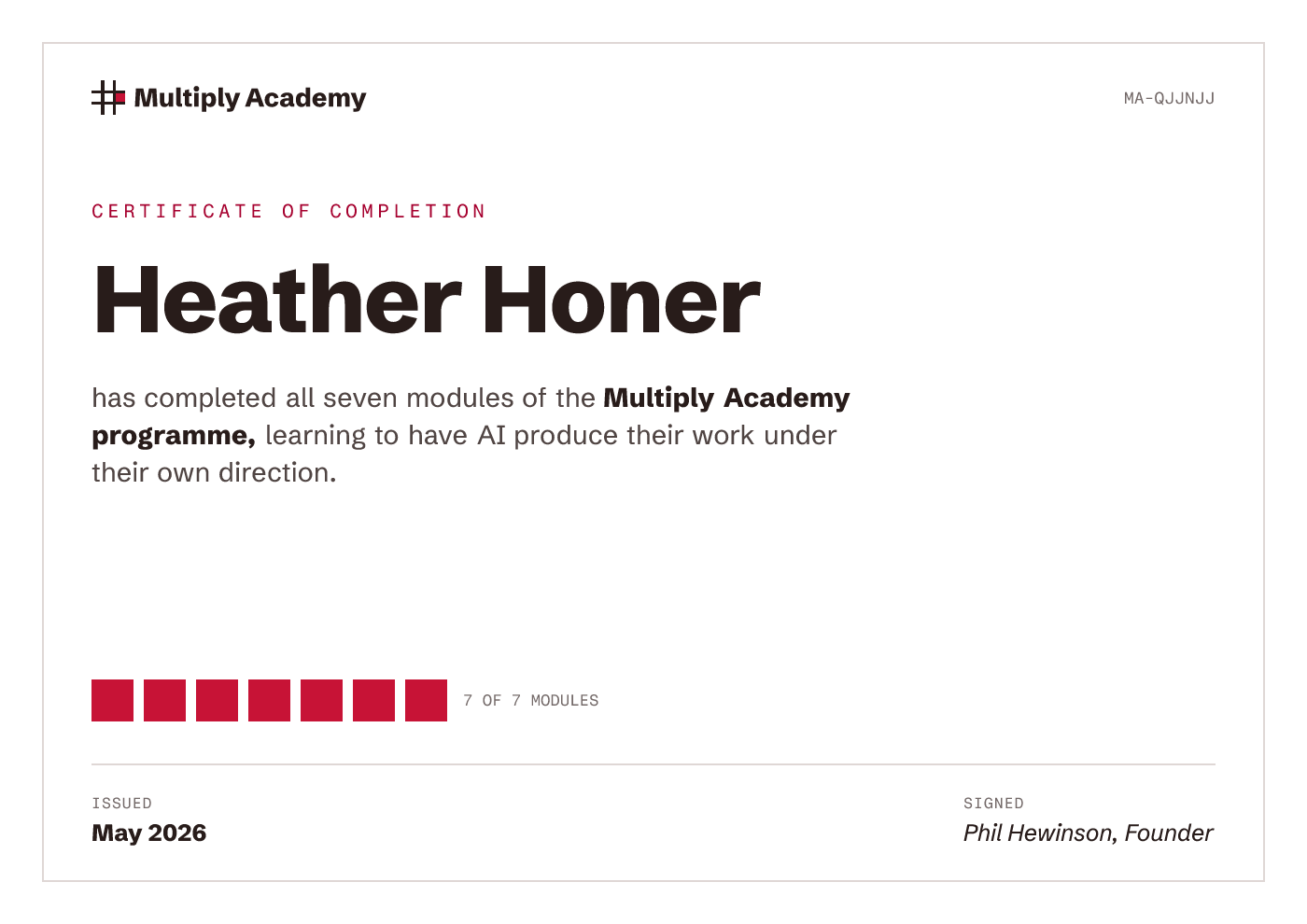 Certificate of completion for Heather Honer